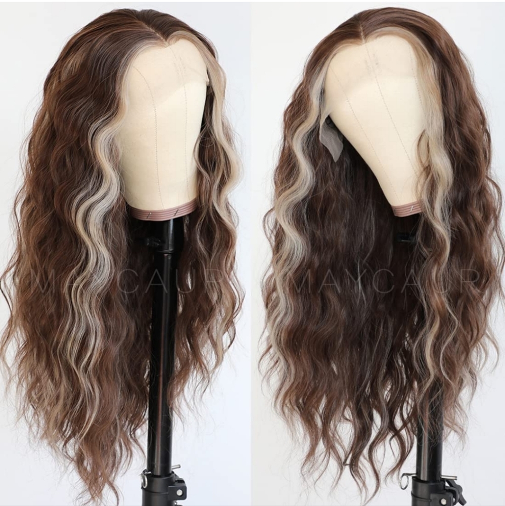 Long Curly Lace Wig Brown Blonde Synthetic Lace Front  Ombre Color